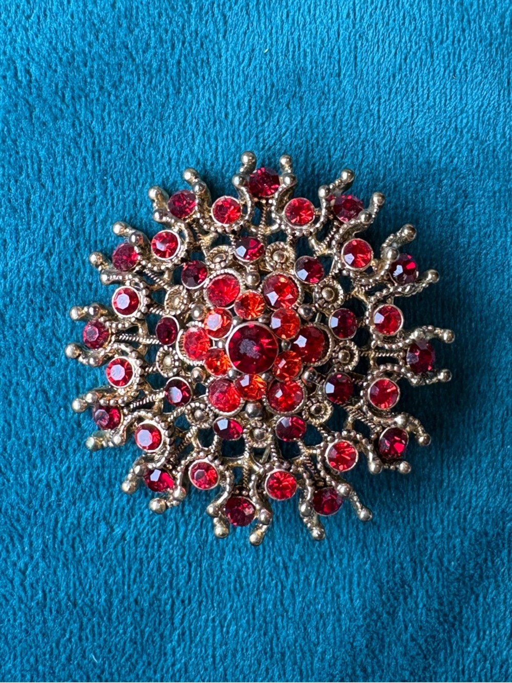 Vintage Red Crystal Floral Burst Brooch / Pendant - Elegant Women’s Jewelry
